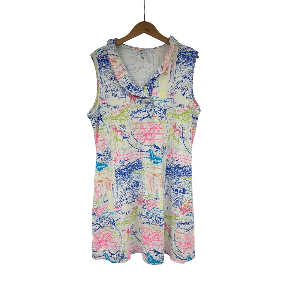 Lulu-B Womens XL Sleeveless Postcards of Love Print Ruffle Collar Dress UPF 50